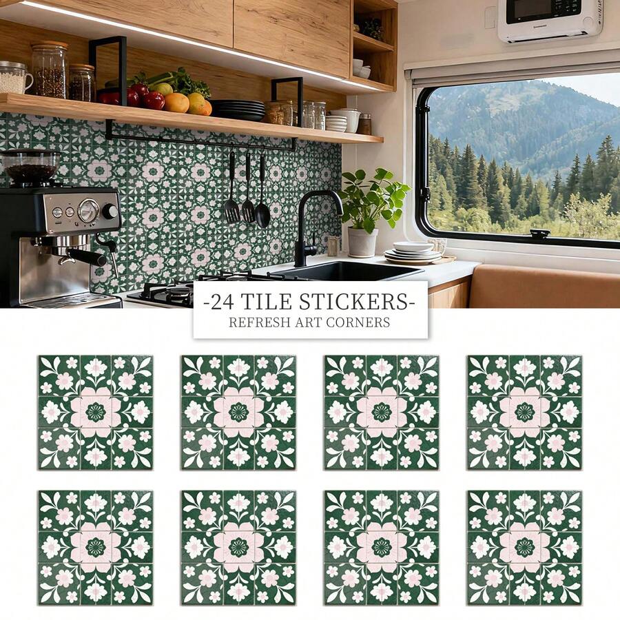24pcs/Set Fresh Green & Pink Sakura Pattern Self-Adhesive Tile Stickers, 3.94/5.91/7.87 Inch, Waterproof & Oil-Proof, For Home Decor, Kitchen Backsplash Renovation - FHZ-126 - View 1