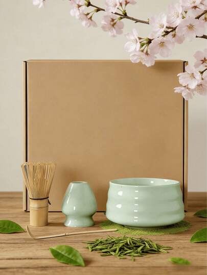 4-teiliges Matcha Set: Matcha Schale, Matcha Quirl, Matcha Löffel, Matcha Ständer, traditionelle japanische Tee-Zeremonie Utensilien, Geschenkset für Schulanfang, Feiertage, Ostern