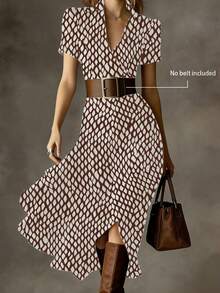 (No Belt Included) Vintage Floral Print Midi Dress, French Retro Long Skirt Design, Suitable For Commuting, Work, And Dating Elegant - Brown - View 3