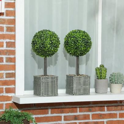 Set Of 2 Artificial Plants, UV Resistant Artificial Trees In Pots, Suitable For Indoor And Outdoor Use, Plastic, Cement, Green.