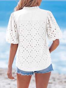 Women's Summer Clothes Tops Fashion Casual Short Sleeve V Neck Buttons Hollow Eyelet Lace Embroidered Blouses Shirts Festival  Beach Vacation White Outfits Women Tops For Women - 白色 - 查看 2