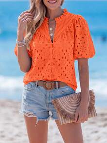 PRETTYGARDEN Women's Summer Clothes Tops Fashion Casual Short Sleeve V Neck Buttons Hollow Eyelet Lace Embroidered Blouses Shirts Festival  Beach Vacation - 橘色 - 查看 1