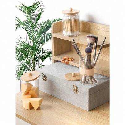 1/2 hộp đựng đồ có nắp tre chia ngăn, thích hợp đựng tăm bông, miếng bông tròn, chỉ nha khoa - Hũ nhựa trong suốt 10oz, tuyệt vời để sắp xếp đồ dùng trong phòng tắm, phụ kiện đựng mỹ phẩm trang điểm.