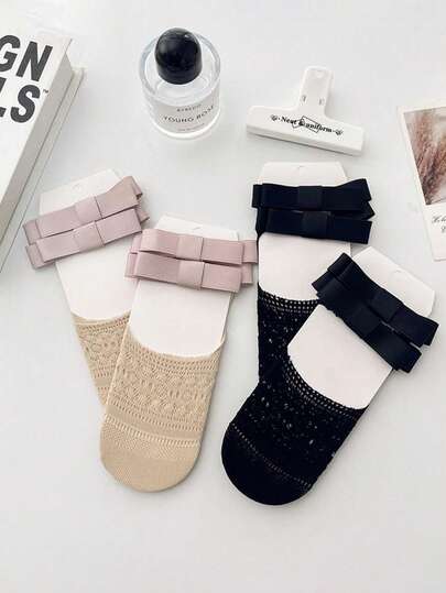 2 Pairs Thin Sweet Cute Ballet Style Bow Lace Trim Ankle Socks, Versatile Shallow Mouth Invisible Socks, Spring/Summer