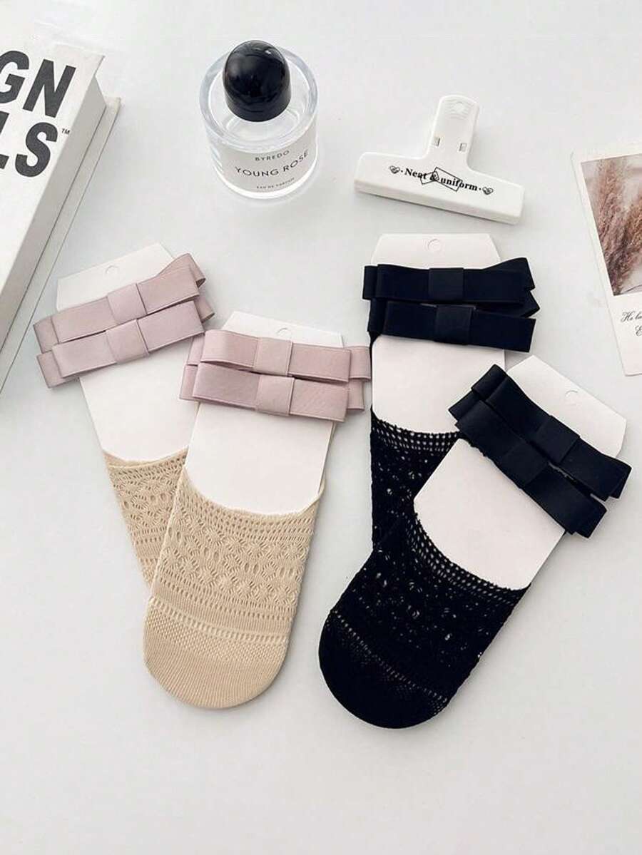2 Pairs Thin Sweet Cute Ballet Style Bow Lace Trim Ankle Socks, Versatile Shallow Mouth Invisible Socks, Spring/Summer - Multicolor - View 1