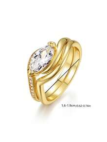Set de 2 anillos de ojo de caballo de circonita de plata de ley 925 con diseño minimalista y lujoso, adecuado para bodas, fiestas, uso diario, regalo de boda perfecto para mujeres - Dorado - Ver 4