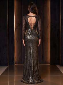 Vestido de noche elegante de sirena con abertura y manga larga de encaje metálico bronce para mujer, vestido formal sexy y elegante para fiestas - Café integral - Ver 3