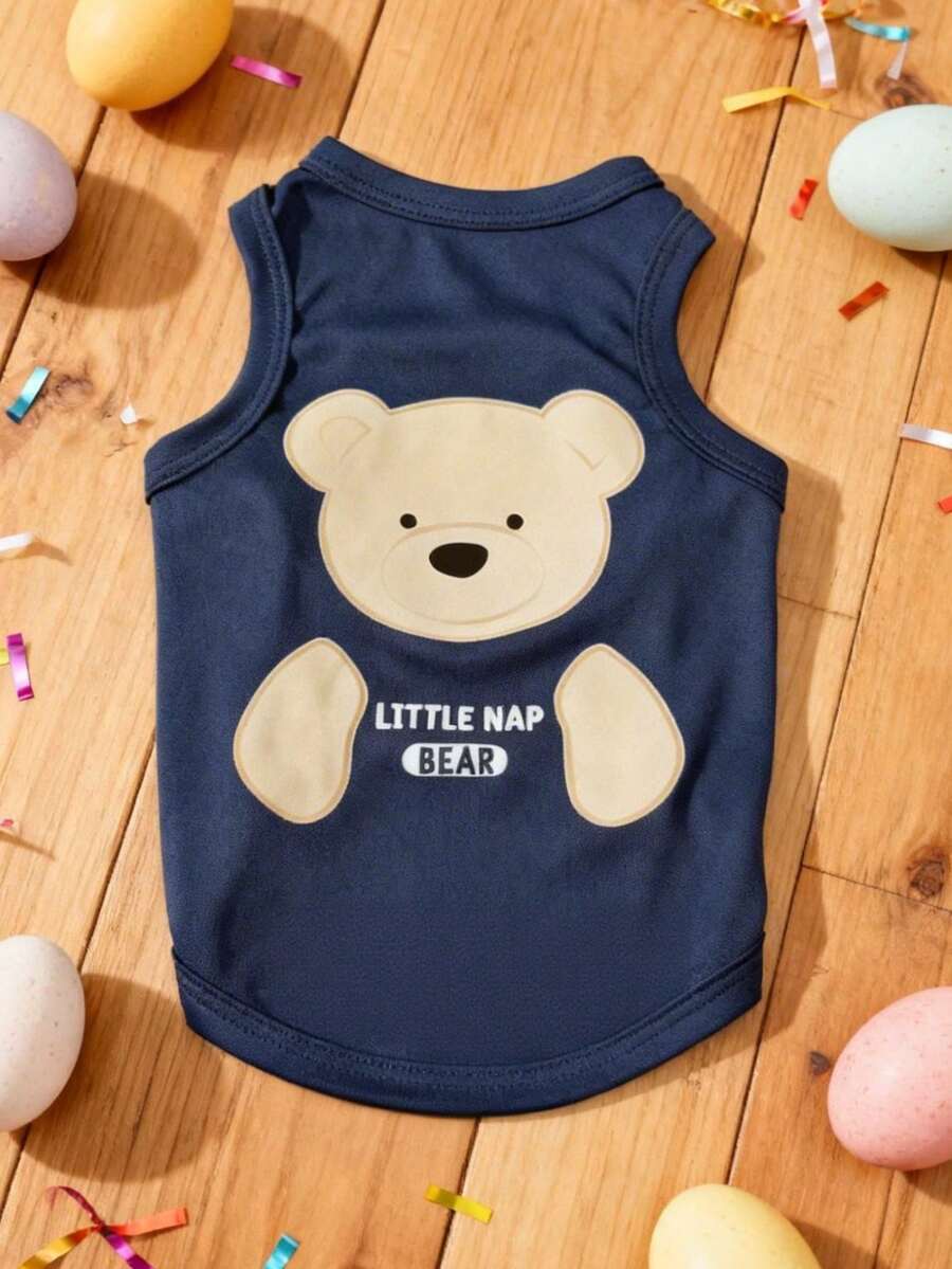 LUCKIE LABO 1pc Cute Bear Graphic Pet Vest, Physical Anti-Flea & Reduce Shedding, Insulation & Breathable, Suitable For Small & Large Dogs, Indoor & Outdoor - Navy Blue - View 1