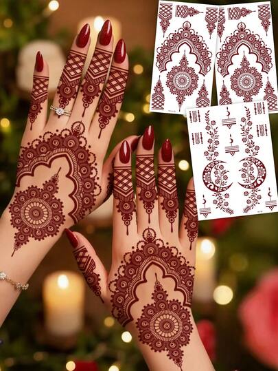3pcs Red-Brown Moonflower Temporary Tattoo Stickers, Red Water Transfer Art, Lace Floral Full Hand Fake Tattoo, Waterproof Tattoo Designs For Women, Suitable For Festivals, Weddings, Travels