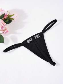 1 chiếc quần lót dây mảnh khoét rỗng đính đá hình chữ cái, đồ lót gợi cảm cạp thấp. - màu đen - Xem 6