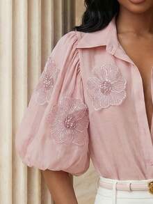 Playroots Blusa elegante de mujer con aplicaciones florales en rosa, romántica para el Día de San Valentín y vacaciones de verano - Rosa - Ver 2