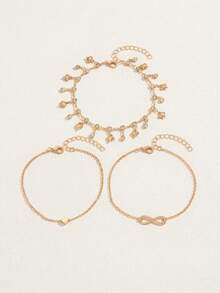 3pcs/Set Fashionable Multi-Layer Gold Heart Tassel Anklet, Charming Women Beach Water Crystal Anklet Suitable For Daily, Party And Beach Holiday Wear. Handmade Chain Length And Bead Quantity Not Fixed - Gold - View 2