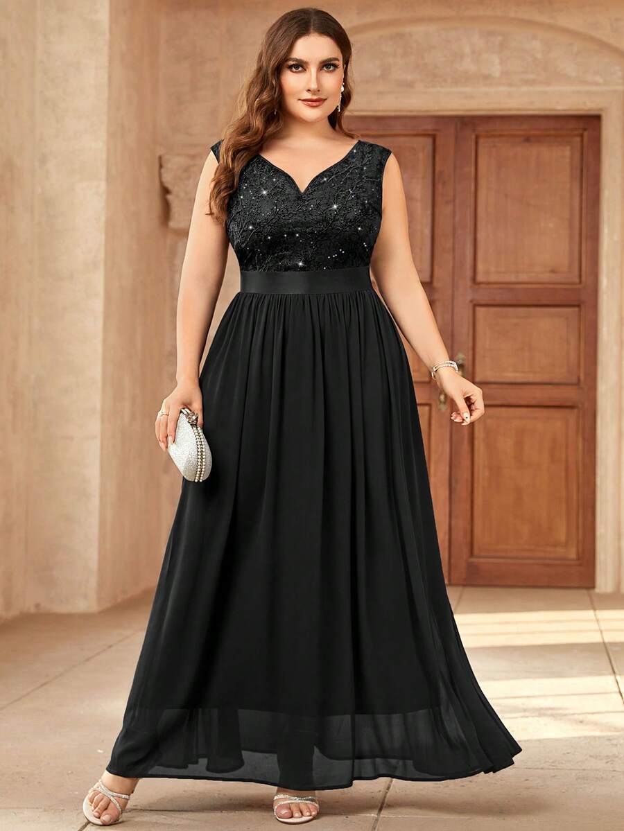 Vestido de festa formal maxi plus com decote coração, lantejoulas, renda floral, contraste de chiffon na bainha, vestido elegante para baile de finalistas e convidada de casamento, para formatura, preto - Preto - Ver 1