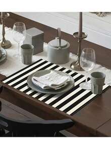 1pc Black & White Vertical Striped Placemat, Vibrant Modern Creative Placemat, Linen-Like Material, Easy To Clean, Suitable For Kitchen, Dining Room Decor, Holiday Party Table Decoration, Home Decor - Black and White - View 5