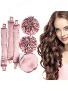 Bộ 3/6 chiếc lô cuốn tóc không dùng nhiệt bằng satin, lô cuốn mềm mại như gối kèm mũ chụp, phù hợp với mọi loại tóc, lô cuốn tóc mềm mại không dùng nhiệt qua đêm (3 bộ - Màu hồng) - Hồng - Xem 4