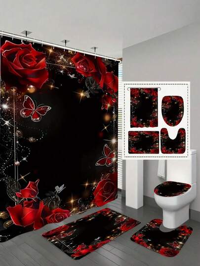 1/4 Piece Rose & Butterfly Shower Curtain Set, Includes 12 Hooks Shower Curtain, Non-Slip Bath Mat, U-Shaped Toilet Lid Cover, Toilet Seat Cover, Full Bathroom Set, Bedroom Decor, Home Decor, Bathroom Decor & Accessories, Valentine's Day Gift