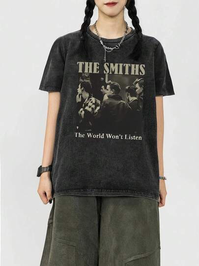 1 pieza de camiseta para mujer, con estampado de animales adorables y letras blancas simples, camiseta cómoda y lavada, estilo casual, adecuada para uso diario, fiestas, salidas informales o uso cotidiano, ropa clásica para mujer, 100% algodón.