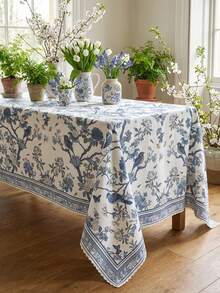 1pc Vintage Blue And White Rectangular Tablecloth, Classic Porcelain Floral Oriental Design, Polyester 100%, Machine Made Woven, Spring & Summer Farmhouse Decor, French Country Printed Table Cover - Multicolor - View 2