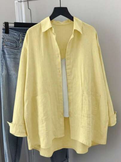 Plus Size Women's Solid Color Pocket Long Sleeve Polyester Casual Loose Blouse Spring