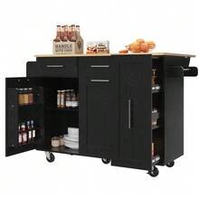 Modern Kitchen Island, Kitchen Cabinet, Sideboard, Dining Trolley With Wood Grain Finish, Multifunctional Dining Table With Storage Space, Dining Trolley With Snack Shelves And Extendable Cabinets, Black - Black - View 9
