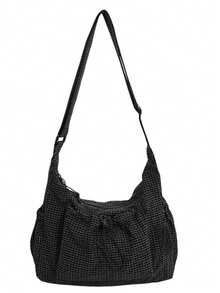 Plaid Women's Shoulder Bag, Casual Versatile Foldable Zipper Closure Adjustable Strap Tote Bag, Suitable For Daily Use, School/College Students, Simple & Cute Pleated Multi-Pocket Drawstring Front Pocket Cloth Bag , Kawaii , Beach - 彩色 - 查看 6