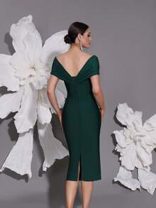 Off-Shoulder Knitted Bandage Dress, European And American Luxury 3D Floral Design, New Elegant Fashion Sexy Bodycon Slit Maxi Evening Gown Party Wedding Spring - Dark Green - View 8