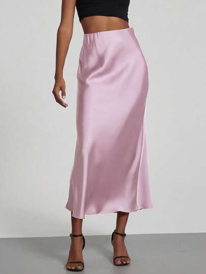 Se-Helo Women's Fashion All-Season Satin-Feel Elastic Waist Skirt - Salmon Pink Spring