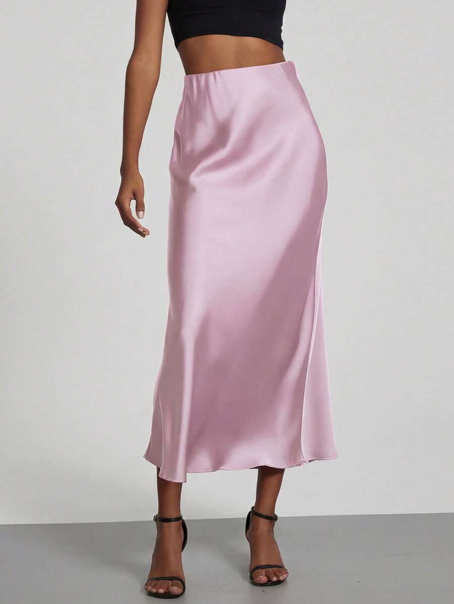 Falda elástica de cintura con sensación de satén, de moda para mujer, todo el año - Salmón rosa primavera