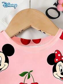 Disney 夏季女宝宝两件套，可爱米奇米妮印花短袖T恤和短裤套装，休闲女宝宝日常基础款樱桃水果印花针织圆领T恤和松紧腰裤，户外度假装 - 粉色 - 查看 4