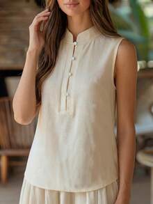 Women's New Solid Color Half-Open Mushroom Button Chinese Style Elegant Casual Versatile Slouchy Vest, All-Match Sleeveless Top For Home & Office, Summer - Apricot - View 4