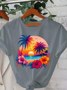 Nuevas  de moda: Camiseta de manga corta con cuello redondo para mujer, estilo casual deportivo, estampado de belleza de atardecer hawaiano, para otoño-verano. - rosa - Ver 7