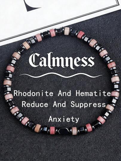 YAUKIA 1Pc Women's Bohemian Natural Stone Rhodonite And Hematite Bracelet,Protection, Stretch Jewelry, Ideal For Daily Wear