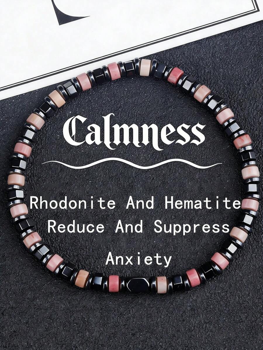 YAUKIA 1 pieza Pulsera bohemia de mujer con piedras naturales de rodocrosita y hematita, protección, joyería elástica, ideal para uso diario - Multicolor - Ver 1