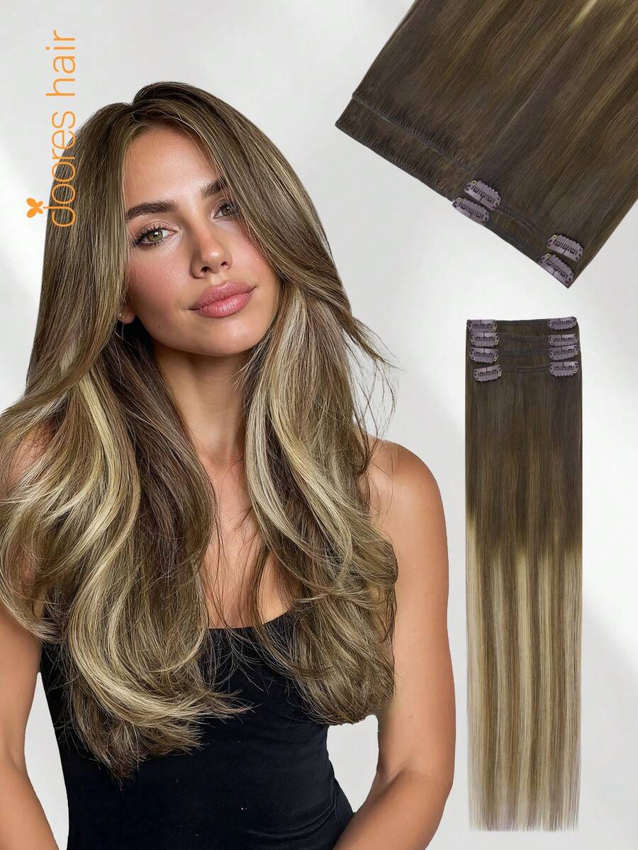 DOORES 4PCS Clip In Hair Extensions Straight 100% Real Human Hair Virgin Human Hair Extensions Double Weft Clip Ins Invisible & Soft Mini Hair Pieces For Thinning Hairs To 3-Minute Quick Wear
