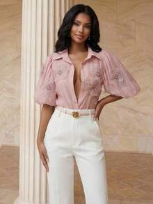 Playroots Blusa elegante de mujer con aplicaciones florales en rosa, romántica para el Día de San Valentín y vacaciones de verano - Rosa - Ver 5