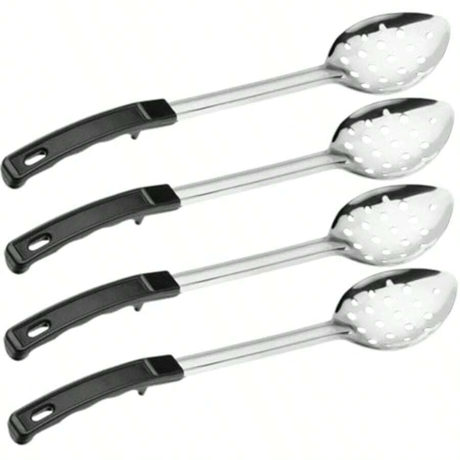 Cuchara perforada de acero inoxidable de 15 pulgadas con mango de baquelita resistente al calor muesca antideslizante cuchara de servir y drenaje de grado comercial para bufés restaurantes y - Plateado/Negro - Ver 1