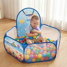 Ocean Theme Kids Ball Pit With Basketball Hoop, Foldable Toddler Playpen, Portable Indoor Outdoor Play Tent, Blue Sea Animal Ball Pit For Boys Girls, Perfect Birthday Gift (Balls Not Included) - 藍色 - 查看 4