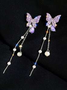 1 Pair Korean Style Elegant Purple Butterfly Earrings With Long Pearl Tassel, Flattering Design For Women - Multicolor - View 3