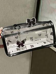1个粉色/黑色蝴蝶结双层透明铅笔盒，美观大方，少女心满满，透明大容量文具收纳袋 - 彩色 - 查看 4