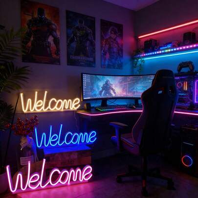 1pc LED Letter "Welcome" Neon Light Wall Decor, Battery/USB Powered Decoration For Bar, Gaming Room, Shop, Home, Party, Birthday, Bedroom, Living Room