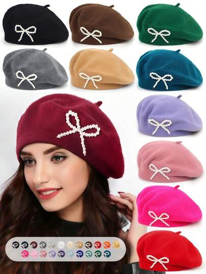 1 chiếc mũ beret len nữ đính ngọc trai giả và nơ, kiểu dáng thường ngày, màu đen trơn, đa năng.