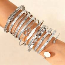Juego de 12-7 piezas de brazaletes de metal con textura y diseño de corazón martillado, brazaletes apilables bohemios ajustables, adecuados para la vida diaria y fiestas, regalo ideal para amigos y familiares - Plateado - Ver 3