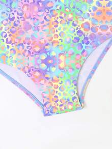 1 pieza Traje de baño de una sola pieza con estampado de leopardo en degradado de colores para niñas, diseño de espalda cruzada, estilo enérgico de verano para la piscina - Multicolor - Ver 4