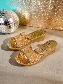 1 Pair Women's Vintage Gold Pearl Rhinestone Slip On Wedge Slides, Comfortable Open Toe Platform Sandals For Daily Wear - الذهبي - مشاهدة 7