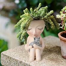 1pc White Sitting Girl Holding Cat Resin Vase, Creative Succulent Planter For Outdoor Garden Decor - Girl Holding a Cat and a Vase - View 10