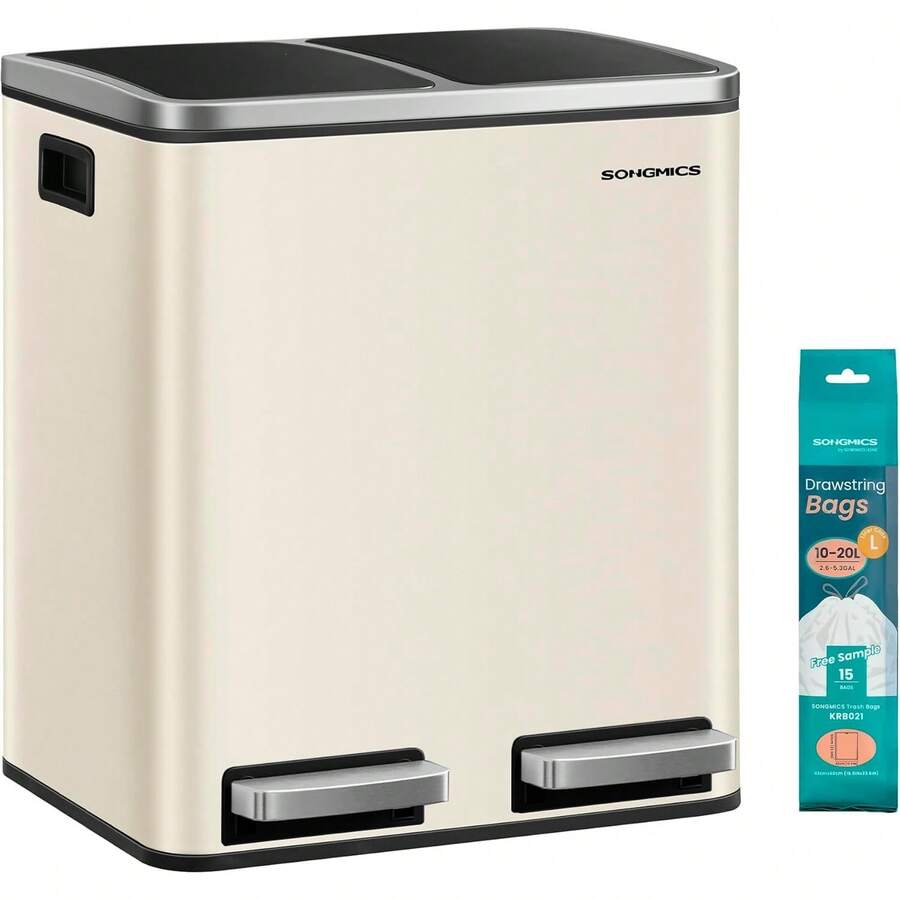 SONGMICSülleimer Küche, 2 x 15 Liter,ülltrennsystem 2 Fächer, inklusive 15üllbeutel, Abfalleimer, Treteimer, recycelbare Abfälle, Biomüll, Softclose-Deckel, sandbeige-tintenschwarz LTB30A02 HN8V - sandbeige-tintenschwarz - Übersicht 1