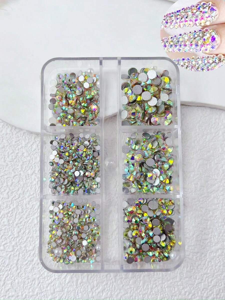 Bộ 6 khung đính đá trong suốt đáy phẳng bằng thủy tinh, phụ kiện trang trí móng tay hình kim cương 3D trong suốt, đá pha lê AB sáng bóng đáy phẳng, 6 kích cỡ đá tròn 3D, vật liệu trang trí móng tay bằng đá quý nhân tạo, có thể dùng để trang trí móng tay, trang điểm mắt, làm đồ thủ công trang trí móng tay DIY, v.v. - Nhiều màu - Xem 1