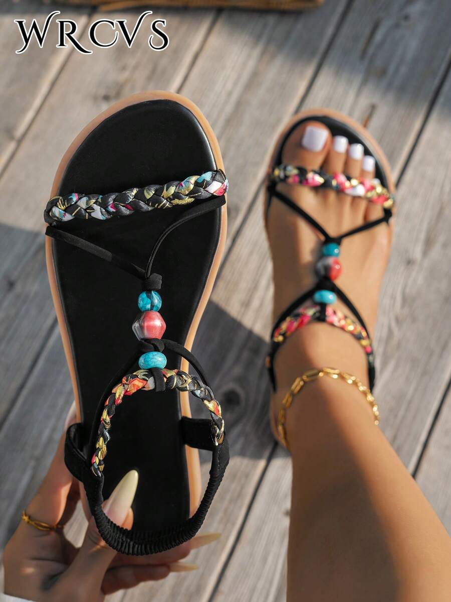 WRCVS Women's Black Flat Sandals, Cross-Strap Open Toe Casual Shoes, Non-Slip Vacation Beach Shoes With Random Woven Floral Pattern, Tassel Outdoor Sandals