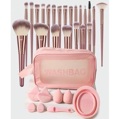 31件套化妆工具套装，包括：22支化妆刷套装+2个化妆海绵+2个三角粉扑+2个迷你气垫粉扑+1个化妆刷清洁工具+1个洗鼻刷+1个多功能防水拉链化妆包