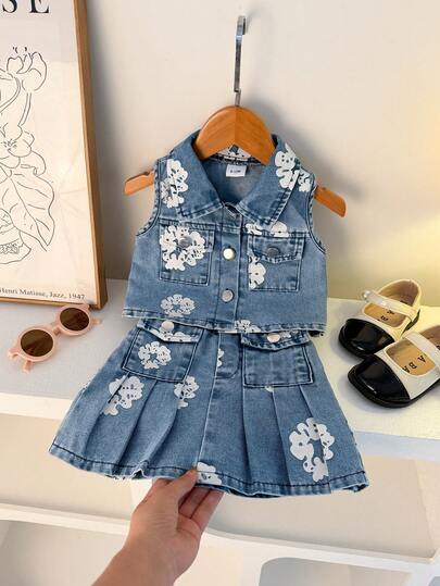Conjunto de 2 piezas de niña bebé para verano con parte superior sin mangas con estampado floral y falda plisada a juego, conjunto de vestir elegante para uso diario, al aire libre, escuela, viajes, vacaciones, versátil